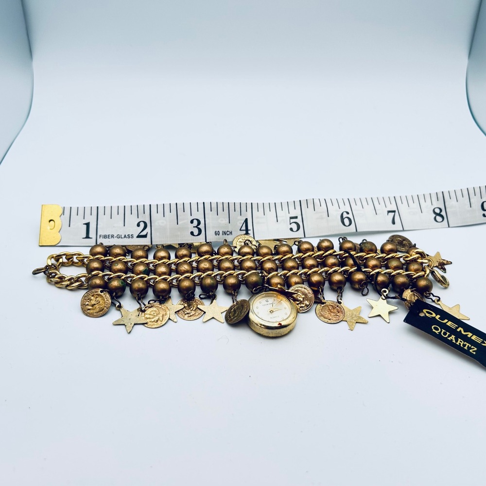Vintage Enmex Quartz Charm Bracelet Watch – Gold Tone Stars & Coins Boho - Picture 12 of 13